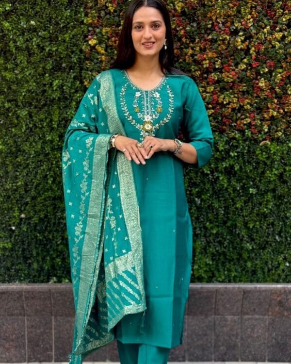 Rama Green Silk Kurti Set 1