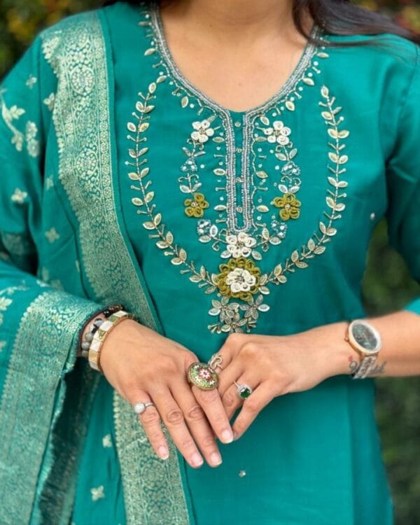 Rama Green Silk Kurti Set 1