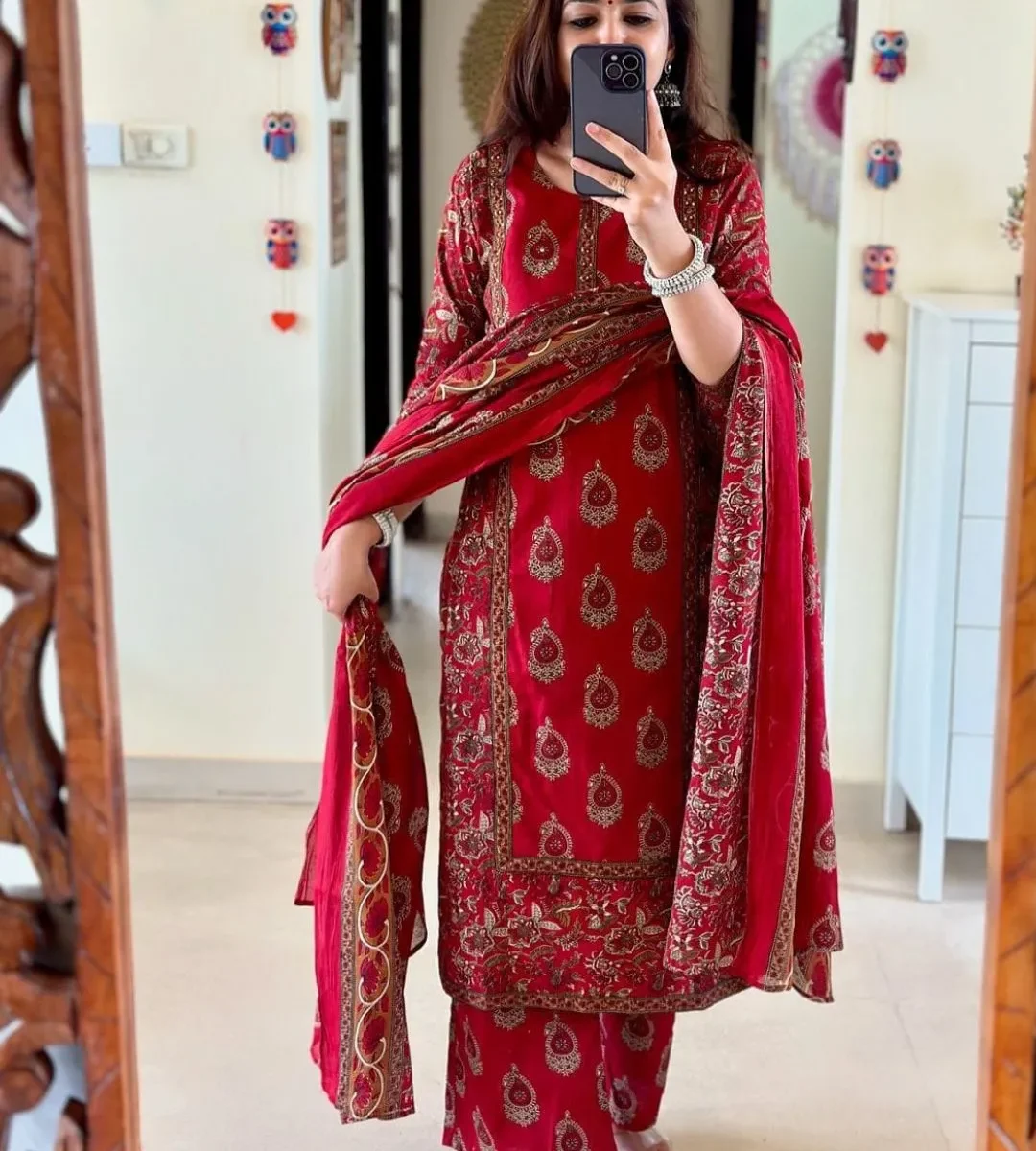 Red Colour Cotton Kurti​ Set