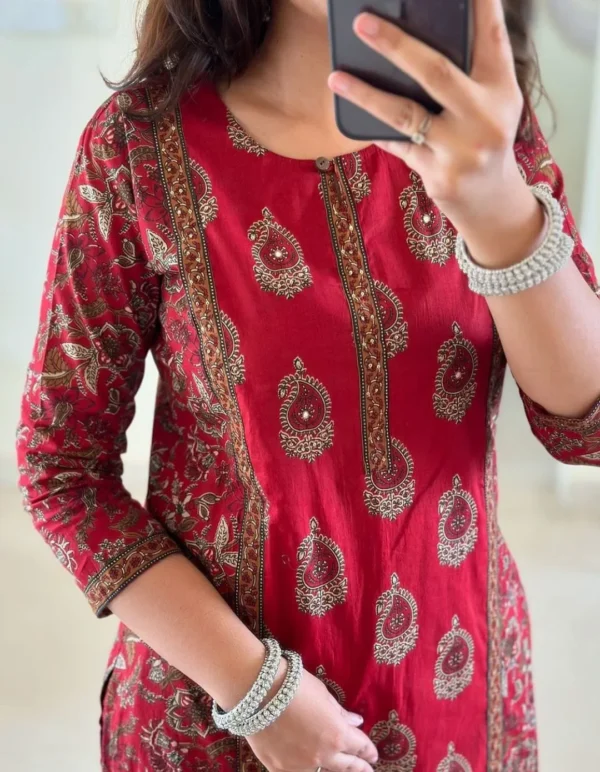 Red Colour Cotton Kurti​ Set Front