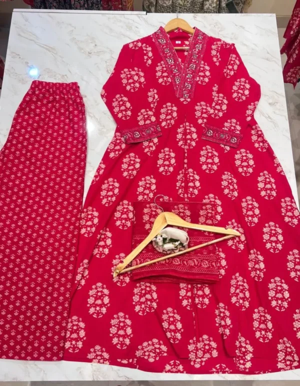 Red Cotton Kurti Pant Set 1