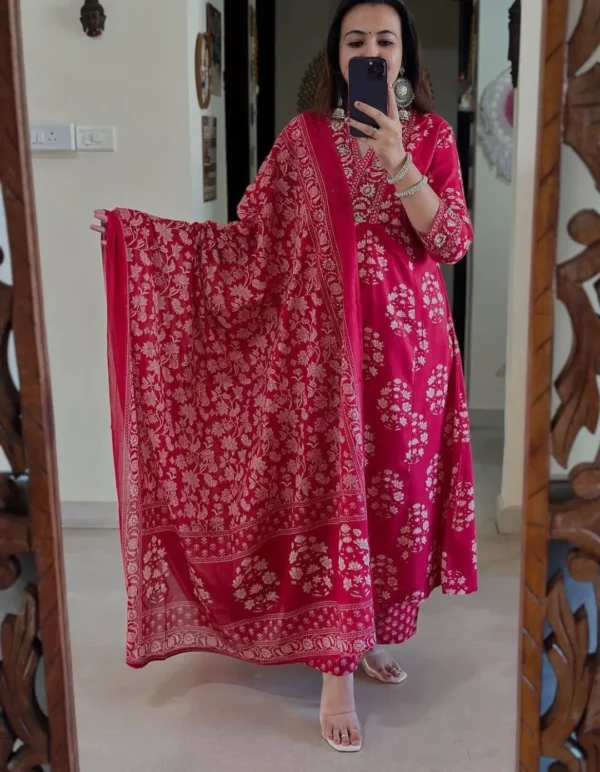 Red Cotton Kurti Pant Set