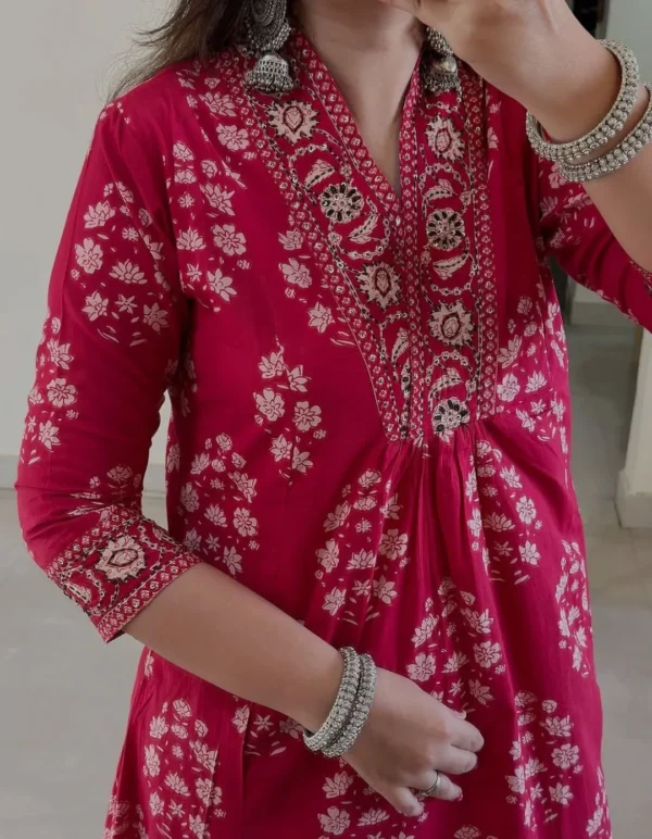 Red Cotton Kurti Pant Set Front
