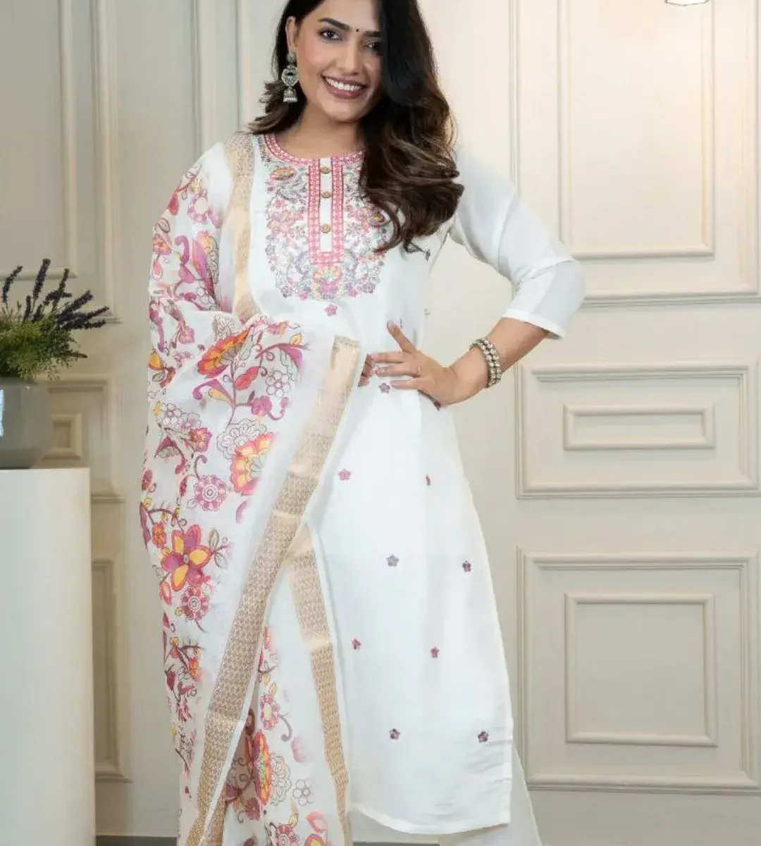 Cream Roman Silk Kurti Set ​2