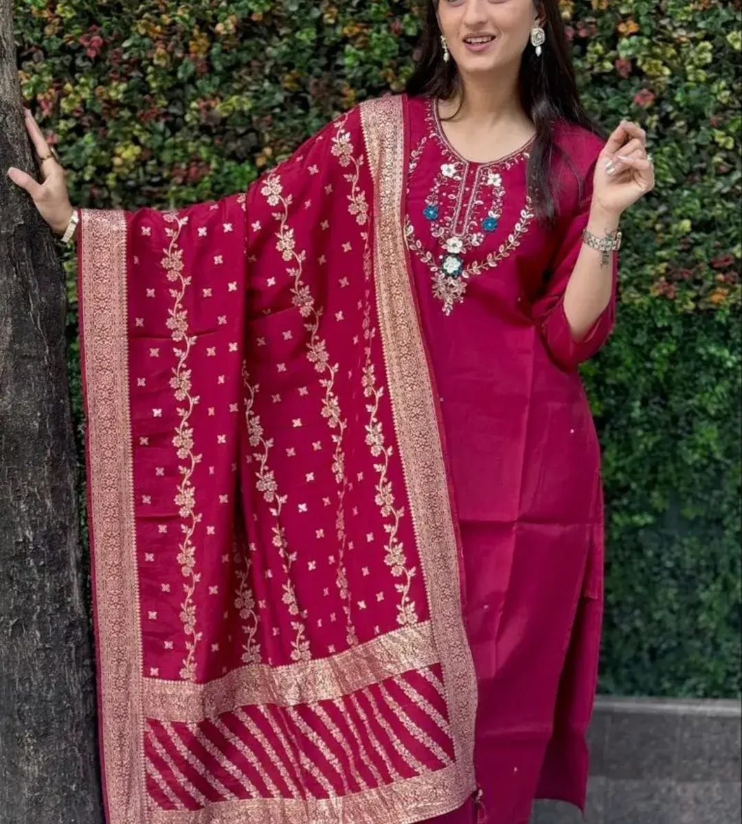 Silk Kurti With Pant Dupatta Set