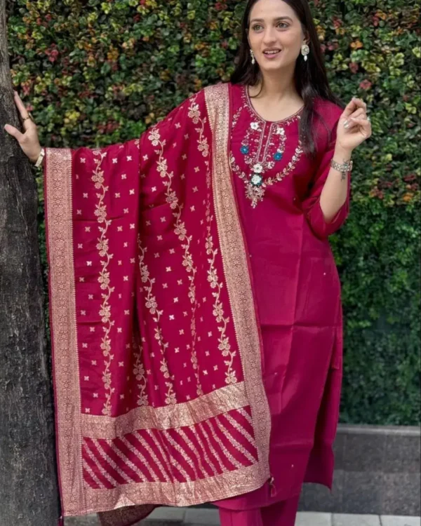 Silk Kurti With Pant Dupatta Set