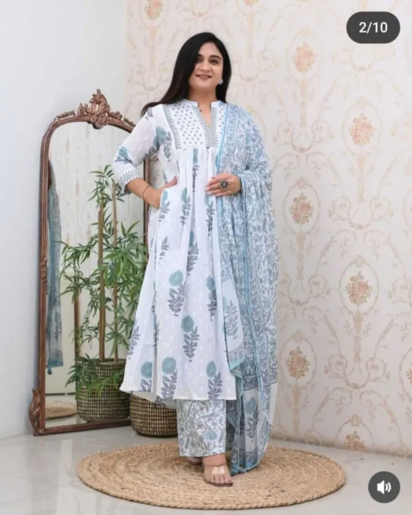 Green Floral White Kurti Set