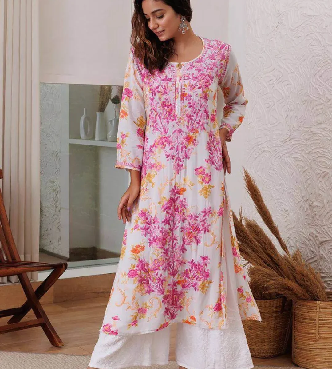 Pink Floral White Kurti With Palazzo