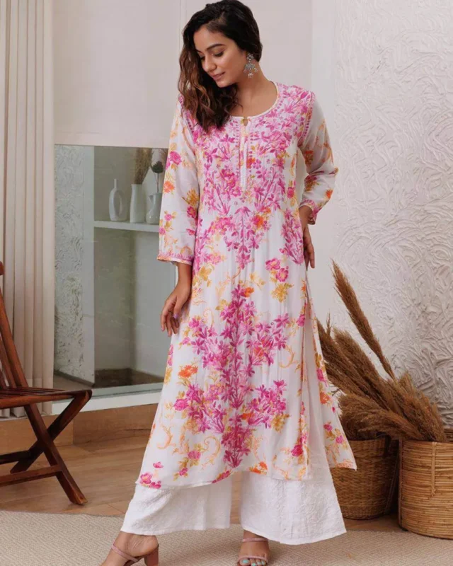 Pink Floral White Kurti With Palazzo