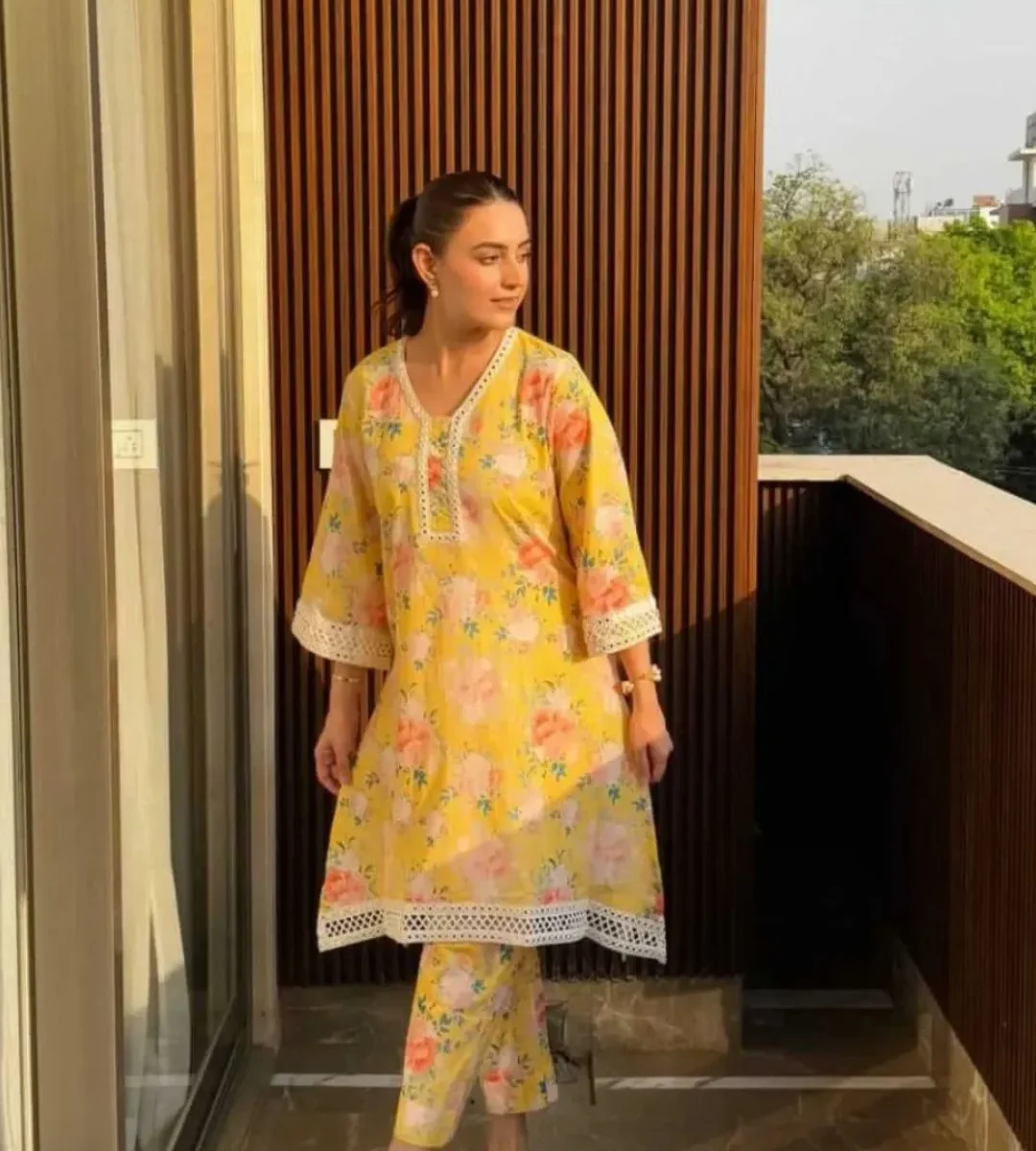 Yellow Floral Kurti Pant Set