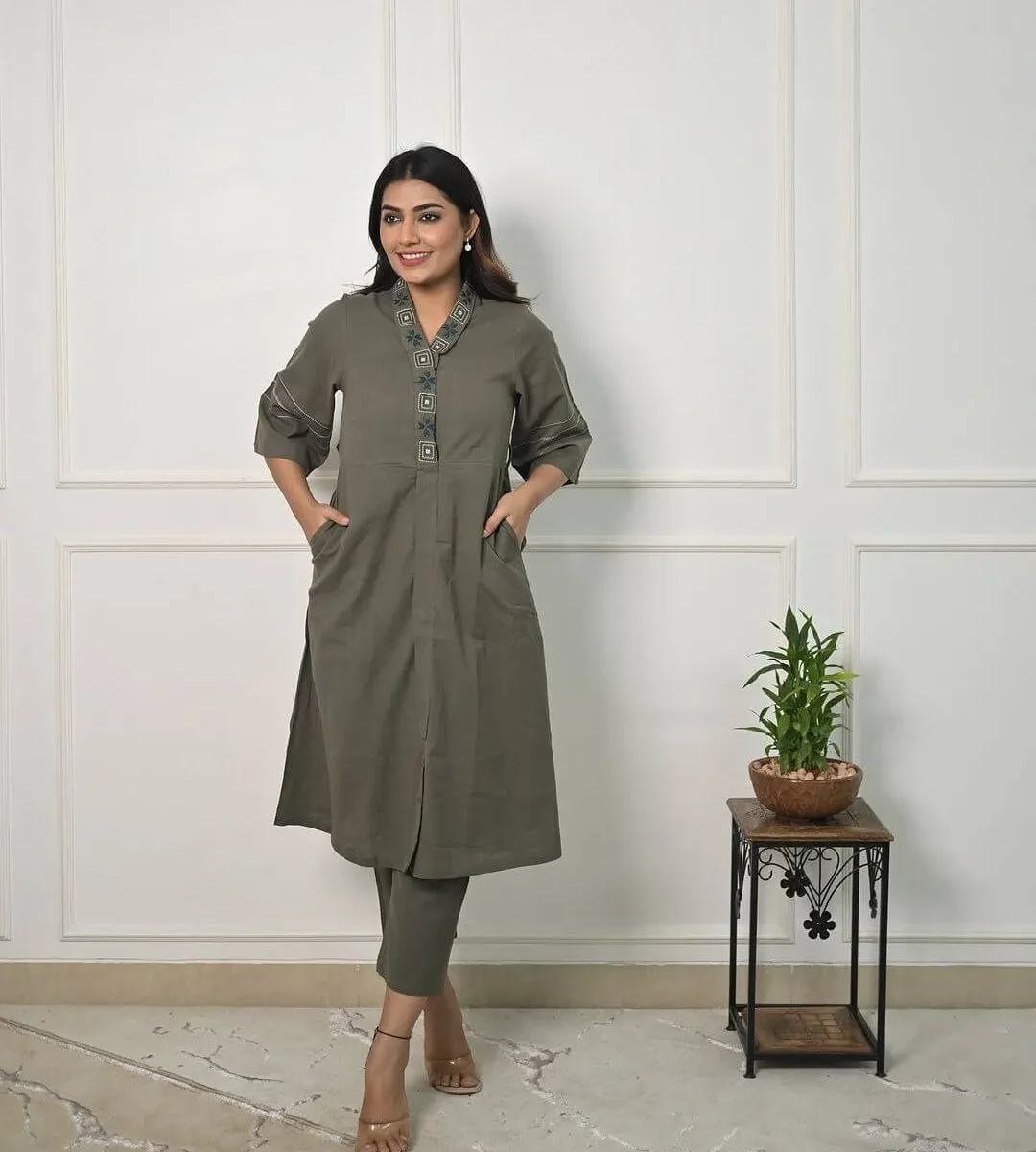 Grey Cotton Slub Kurti Pant Set