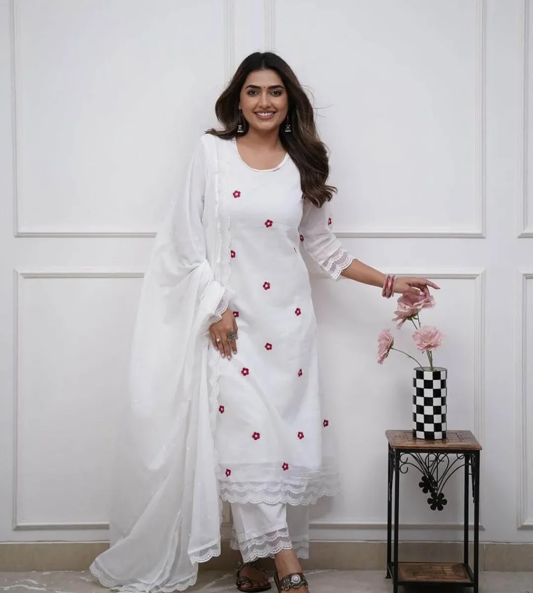 Red Floral With White Kurti Pant Dupatta Set