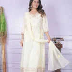 Cream White Cotton Kurti Pant Dupatta Set
