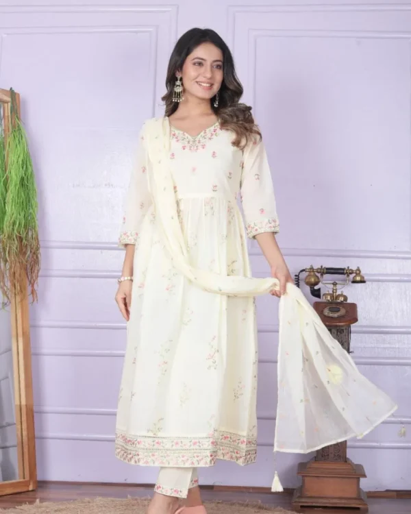 Cream White Cotton Kurti Pant Dupatta Set