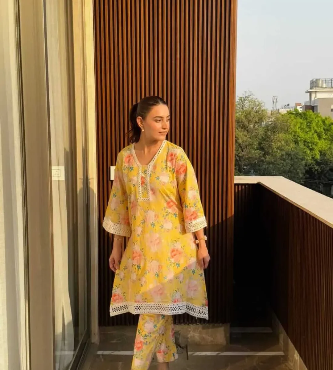 Yellow Floral Kurti Pant Set