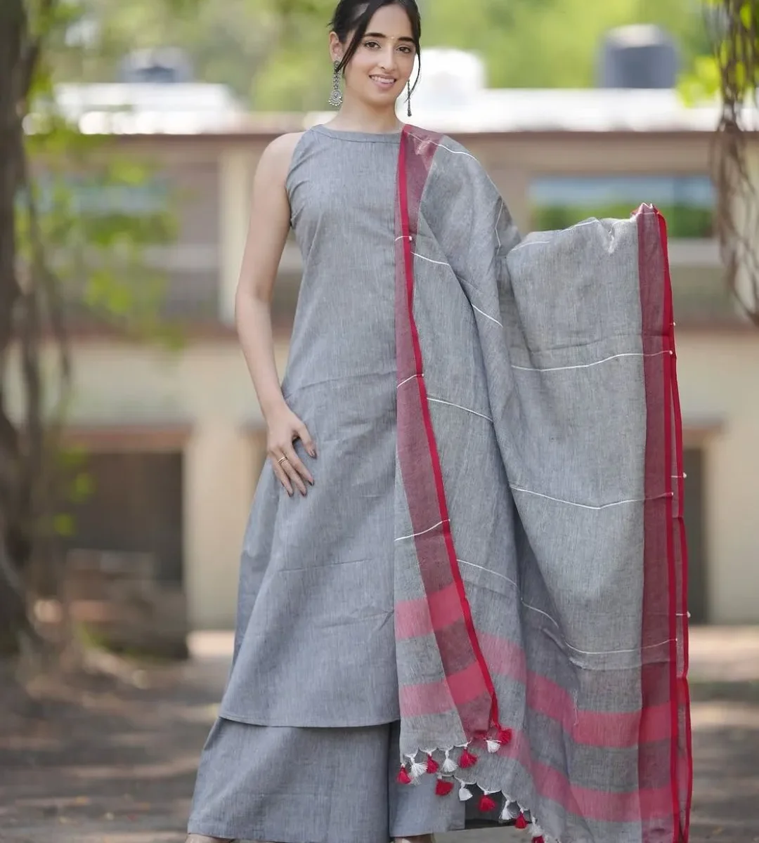 Grey Cotton Kurti Pant Dupatta Set