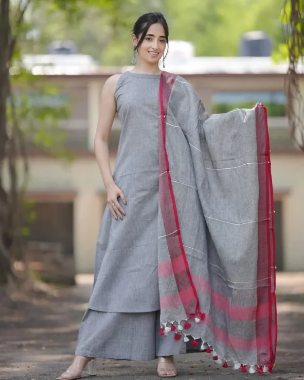 Grey Cotton Kurti Pant Dupatta Set