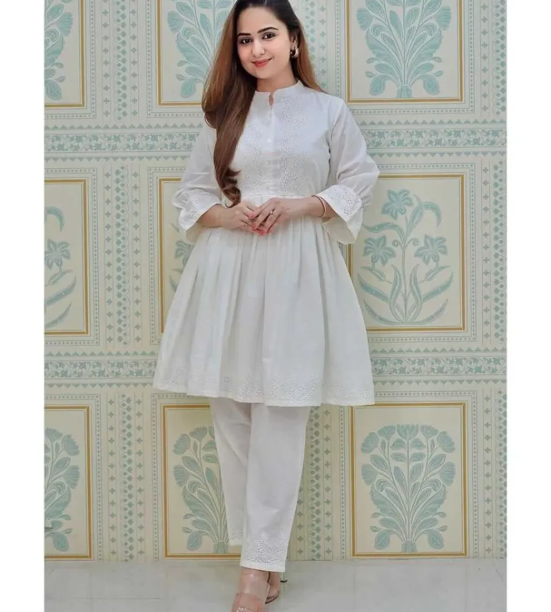 White Schiffli Work Short Kurti With Pant