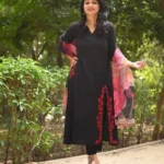 Black Cotton Kurti Pant With Dupatta Set​