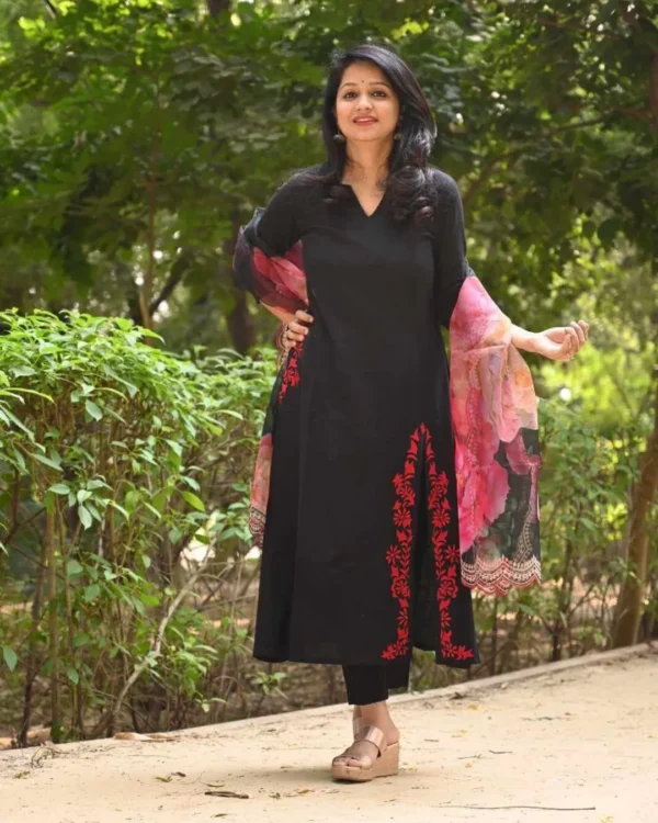 Black Cotton Kurti Pant With Dupatta Set​