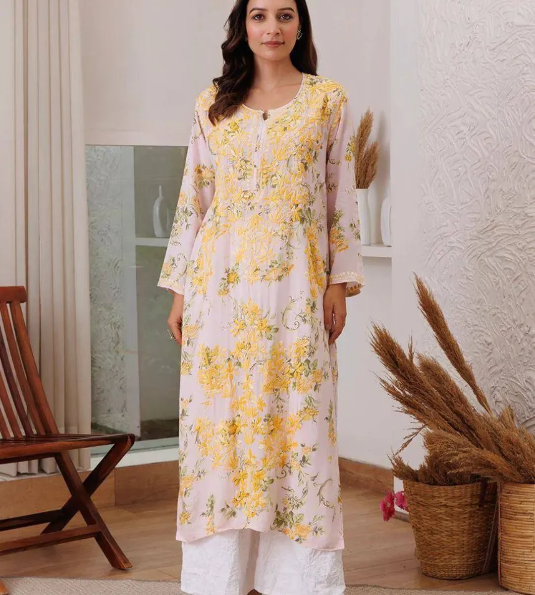 Yellow Floral White Kurti With Palazzo