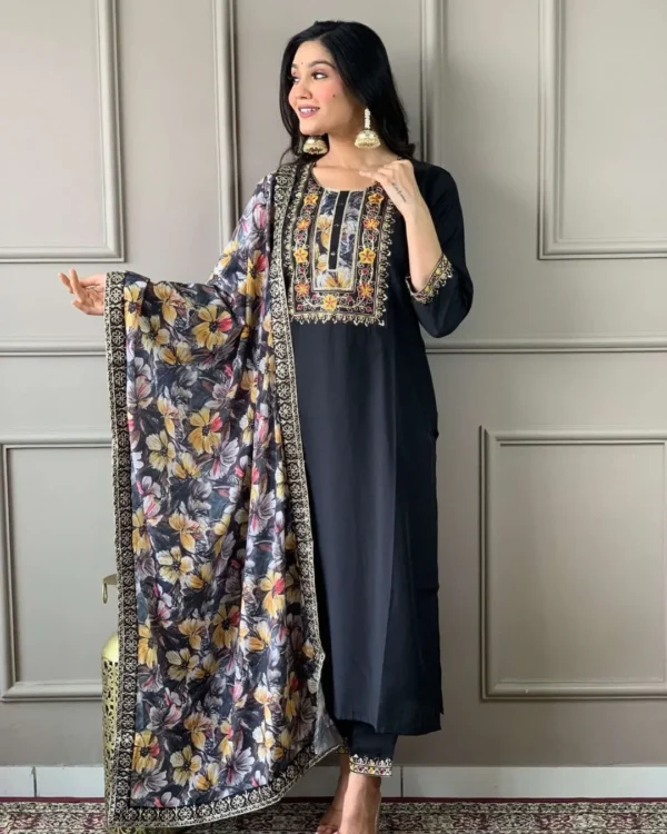 Black Kurti Set With Floral Dupatta