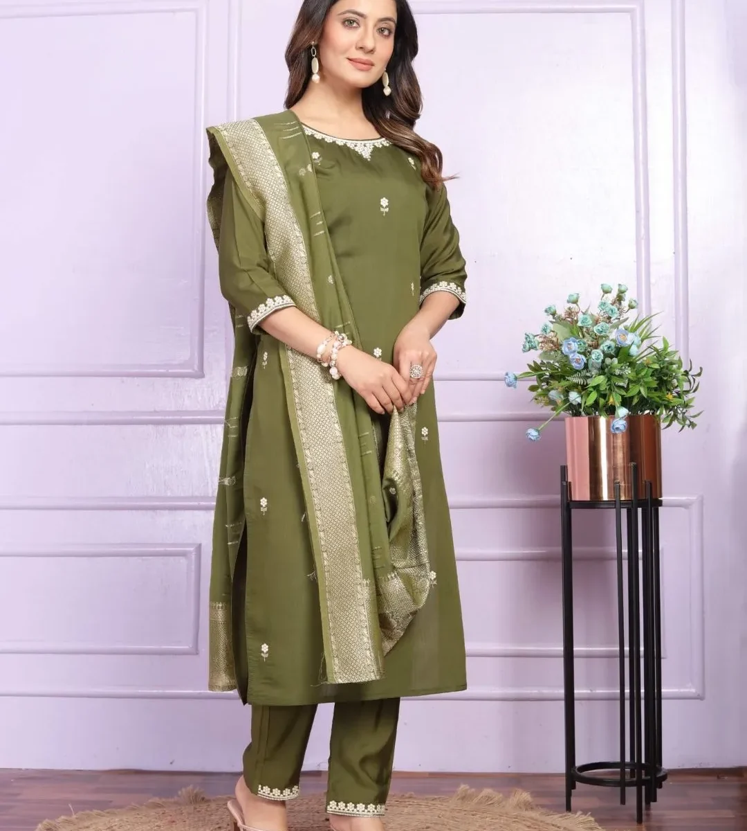 Mehndi Green Silk Suit Set