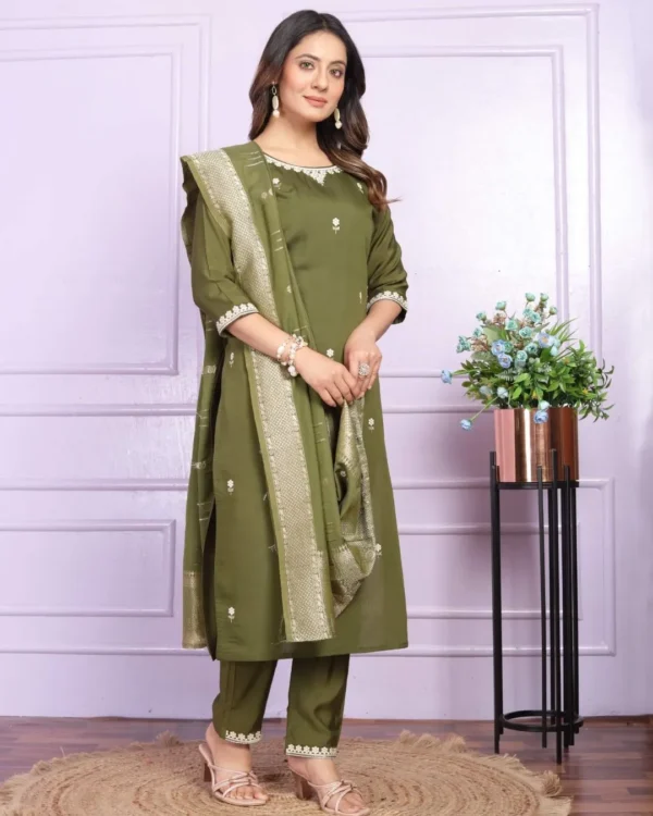 Mehndi Green Silk Suit Set