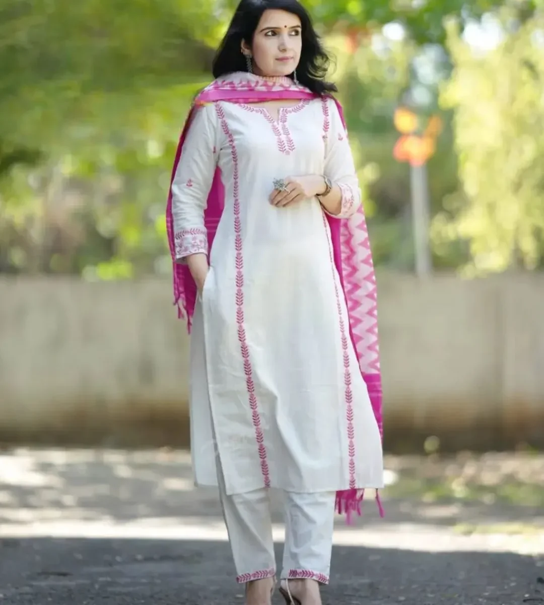 White Khadi Cotton Embroidery Suit Set