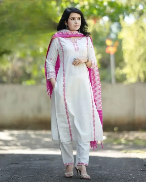 White Khadi Cotton Embroidery Suit Set