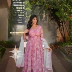 Purple Cream Anarkali Kurti Pant Dupatta Set