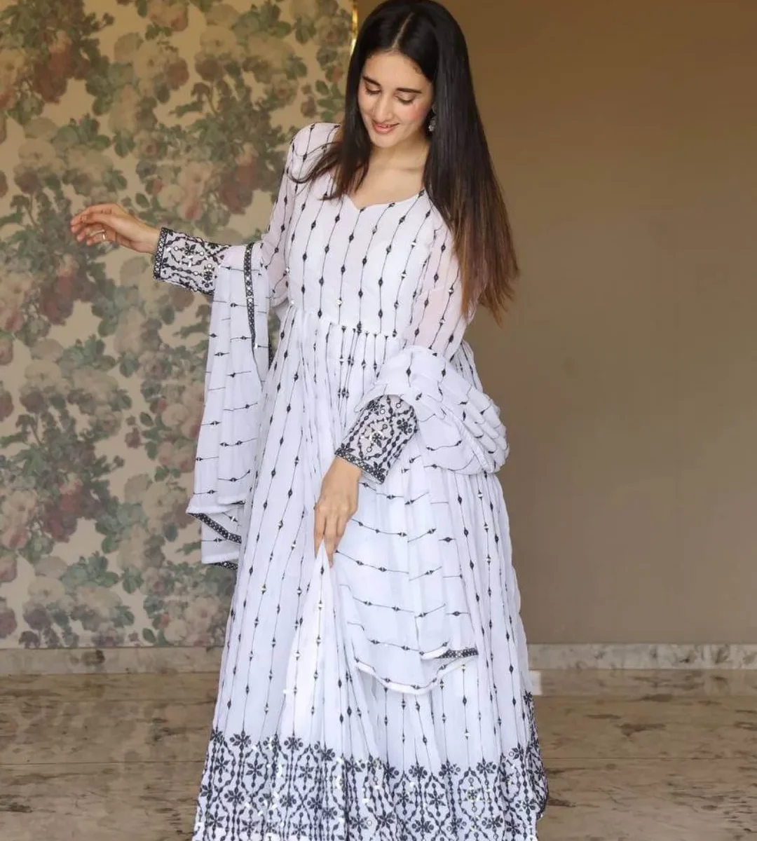 White Georgette Anarkali Suit Set