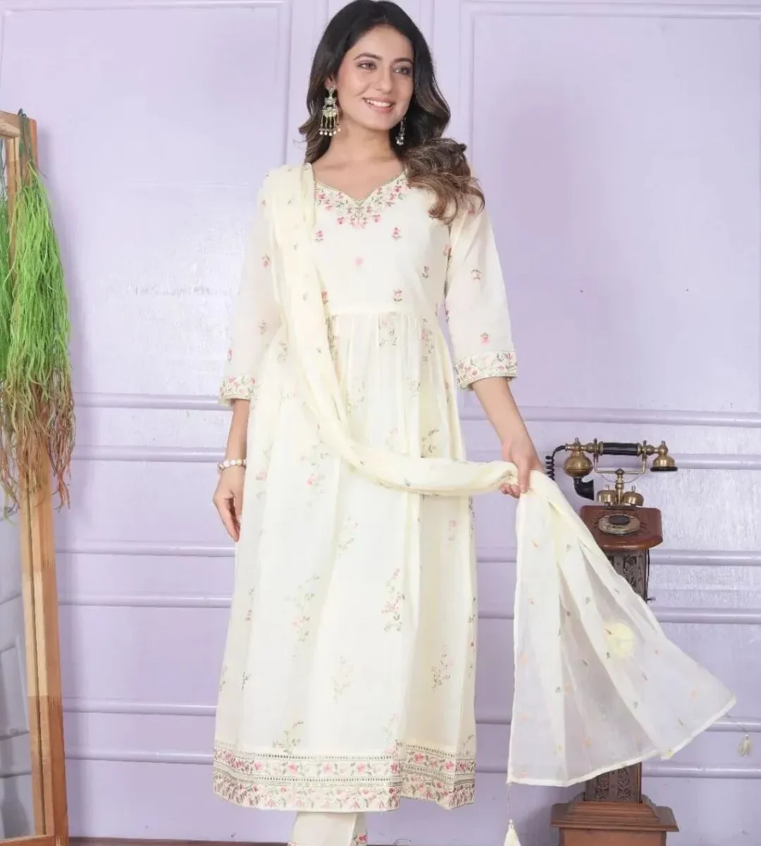 Cream White Cotton Kurti Pant Dupatta Set