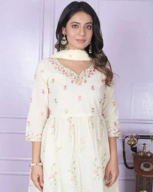 Cream White Cotton Kurti Pant Dupatta Set