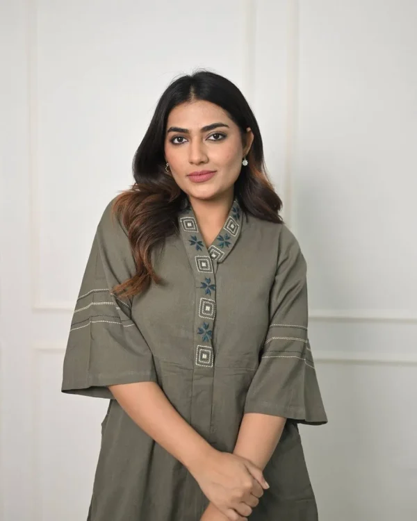 Grey Cotton Slub Kurti Pant Set