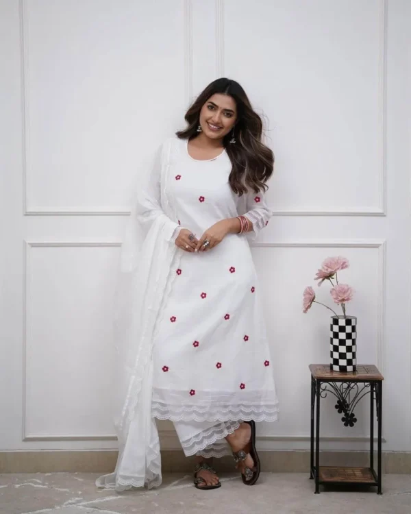 Red Floral With White Kurti Pant Dupatta Set