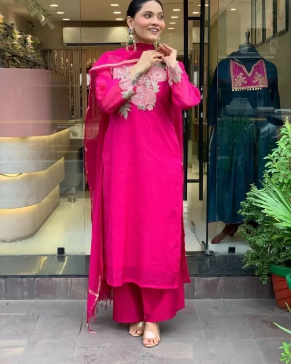 Pink Floral Print Kurti Pant With Dupatta