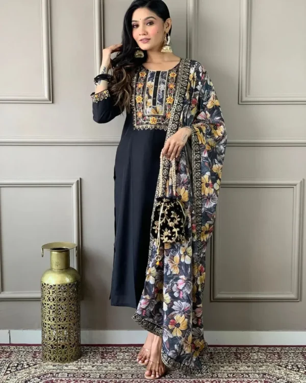 Black Kurti Set With Floral Dupatta