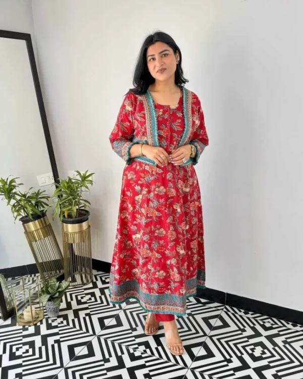 Red Jacket Kurti Pant Dupatta Set
