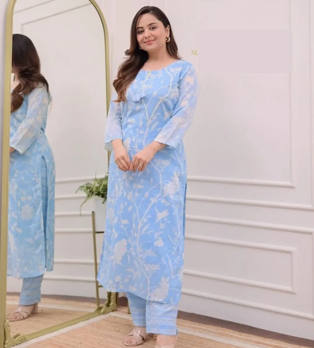 Cotton Sky Blue Kurti With Pant Set