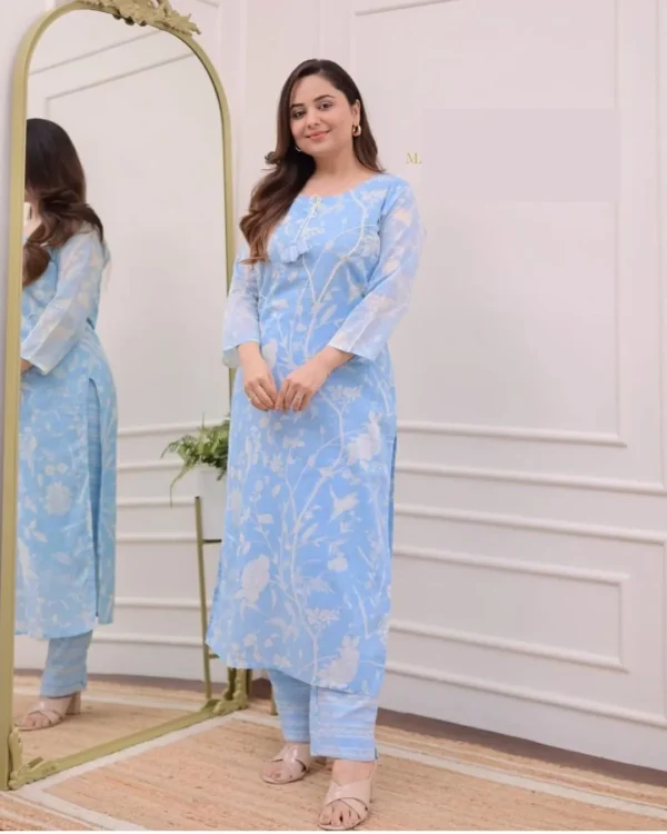 Cotton Sky Blue Kurti With Pant Set