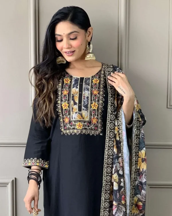 Black Kurti Set With Floral Dupatta