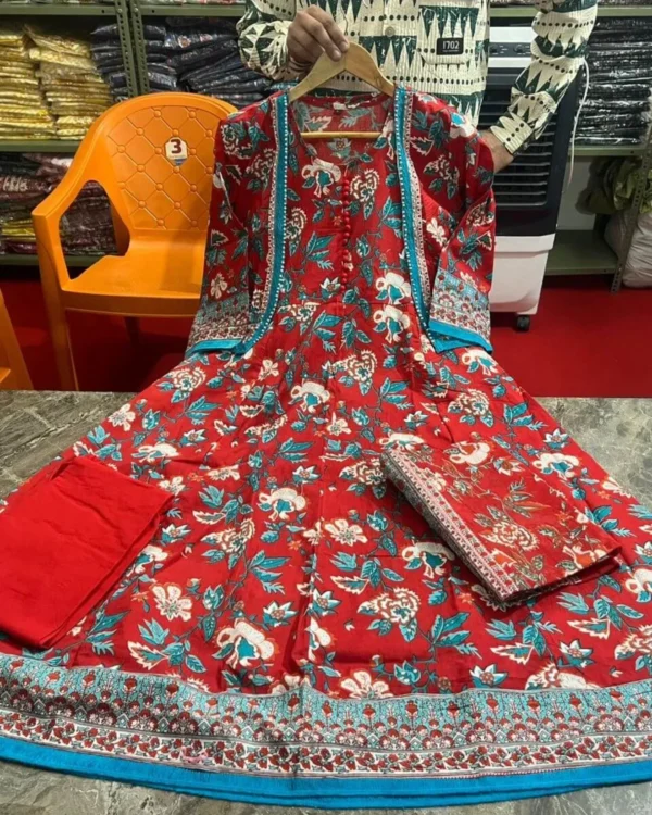 Red Jacket Kurti Pant Dupatta Set