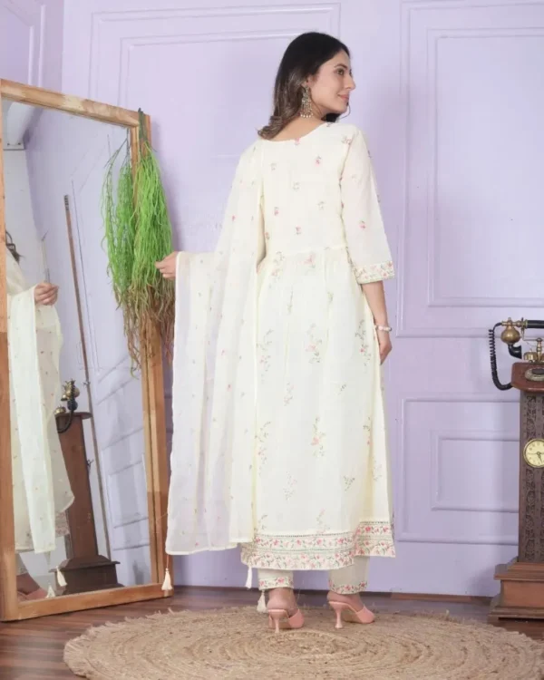 Cream White Cotton Kurti Pant Dupatta Set