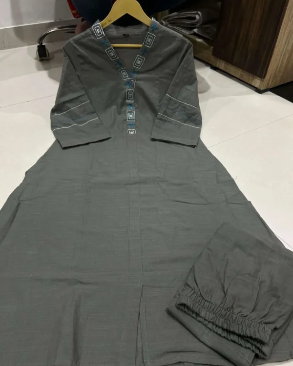 Grey Cotton Slub Kurti Pant Set