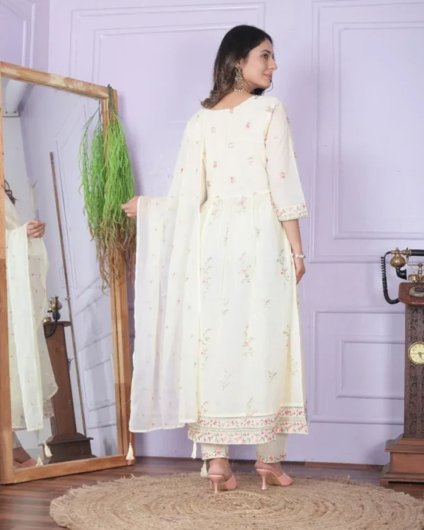 Cream White Cotton Kurti Pant Dupatta Set