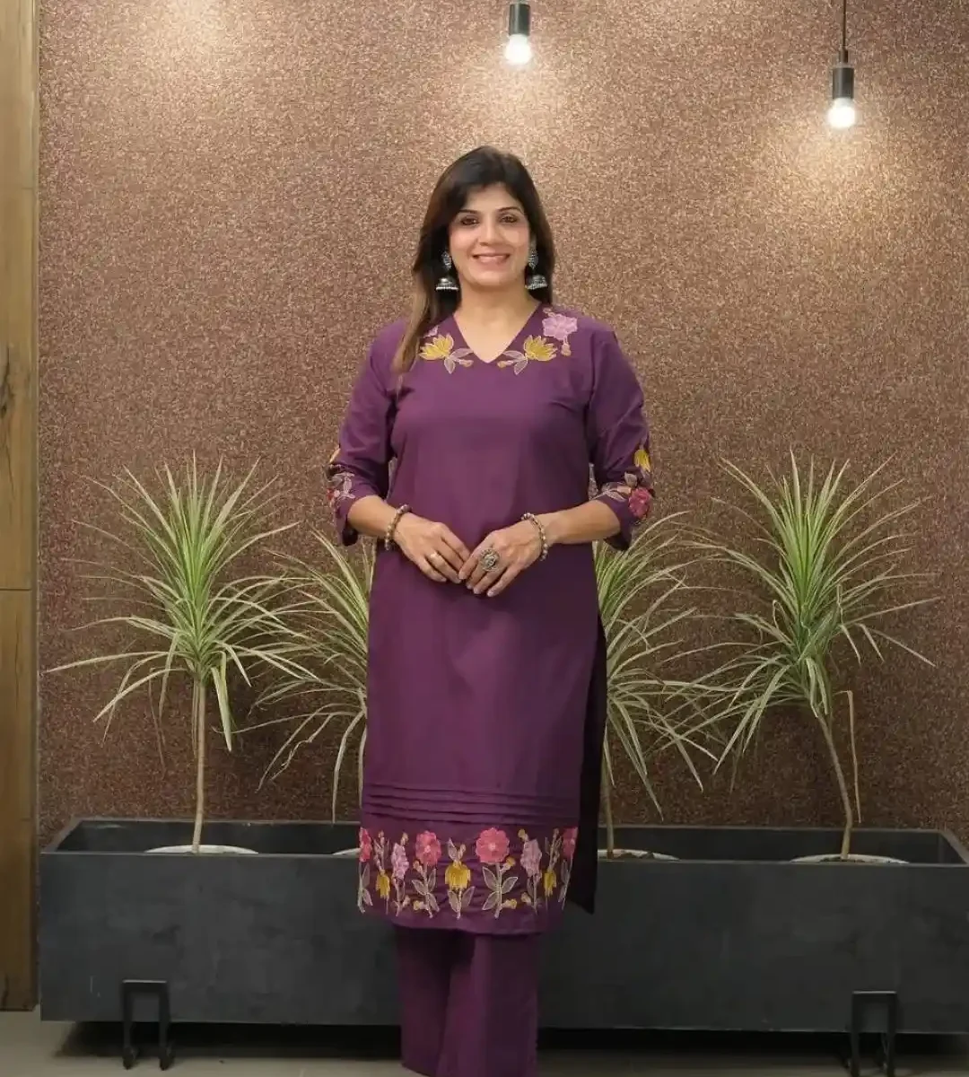 Dark Purple Cotton Kurti Pant Set