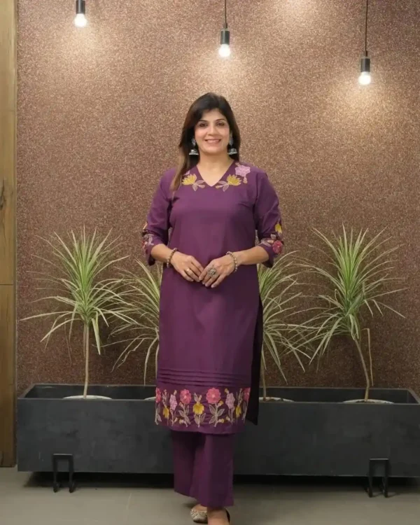 Dark Purple Cotton Kurti Pant Set