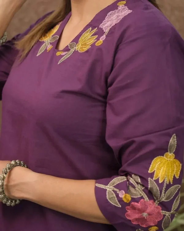 Dark Purple Cotton Kurti Pant Set Front