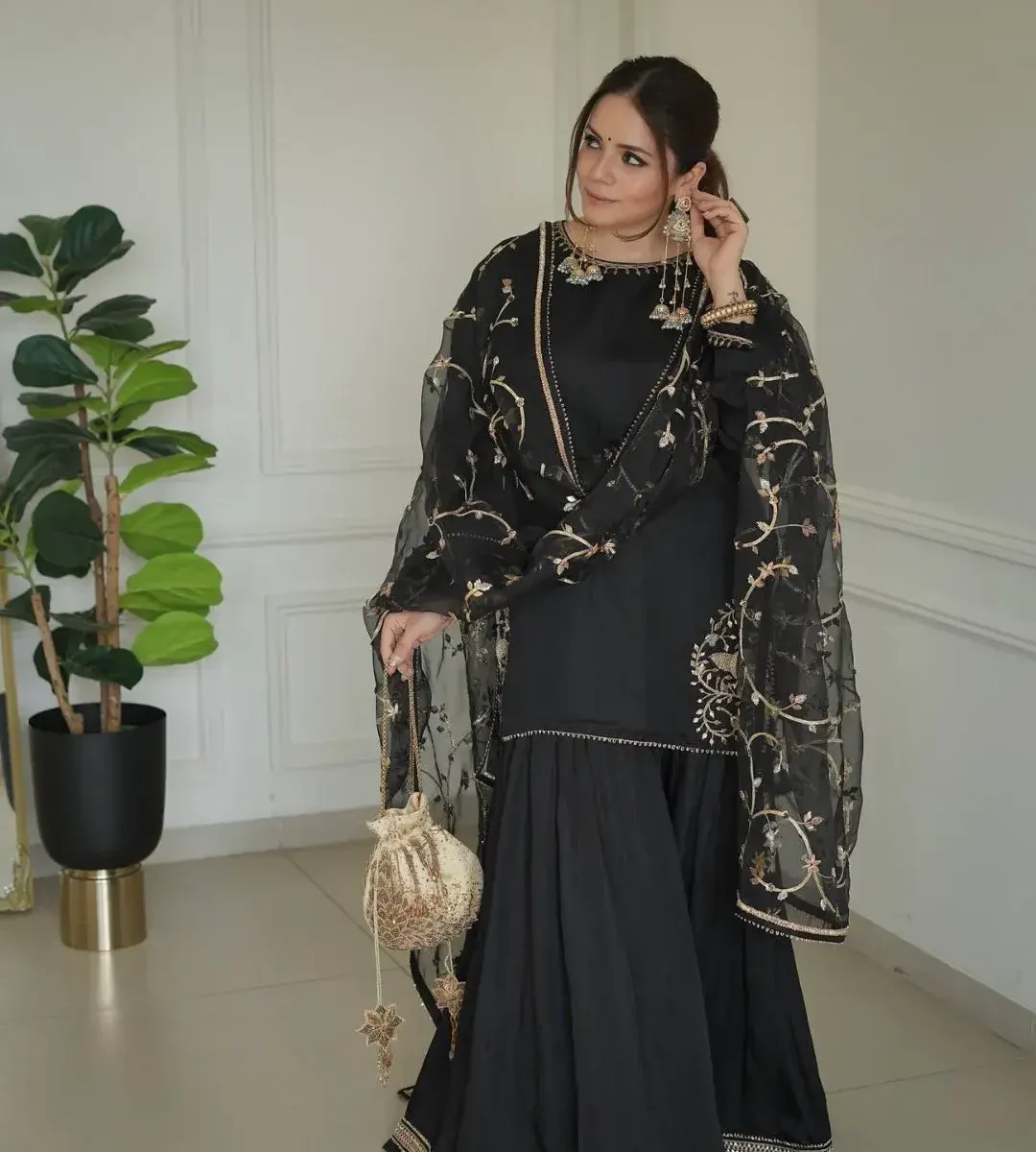 Crepe Kurti With Sharara Suit Set